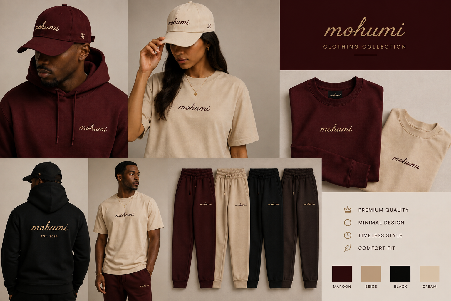 MOHUMI lookbook — apparel concepts in maroon, cream and black